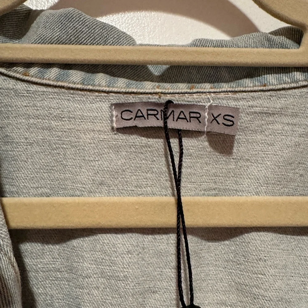 carmar denim boyfriend jacket with rhinestone skull